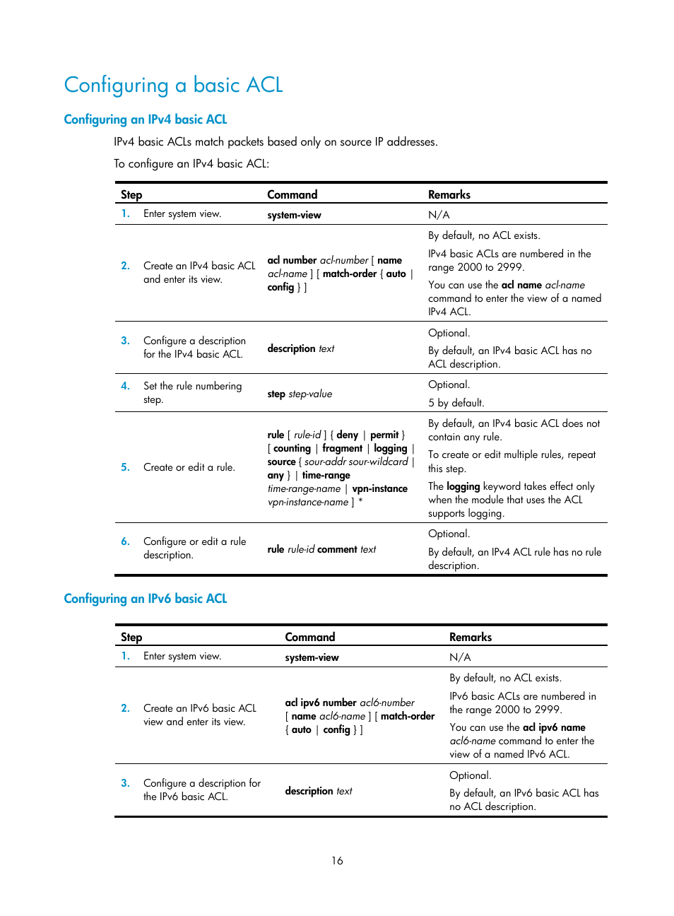 Configuring a basic acl, Configuring an ipv4 basic acl, Configuring an ipv6 basic acl | H3C Technologies H3C SecPath F1000-E User Manual | Page 26 / 273