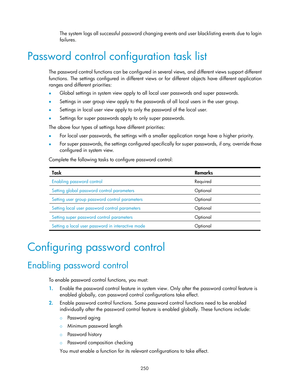 Password control configuration task list, Configuring password control, Enabling password control | H3C Technologies H3C SecPath F1000-E User Manual | Page 260 / 273