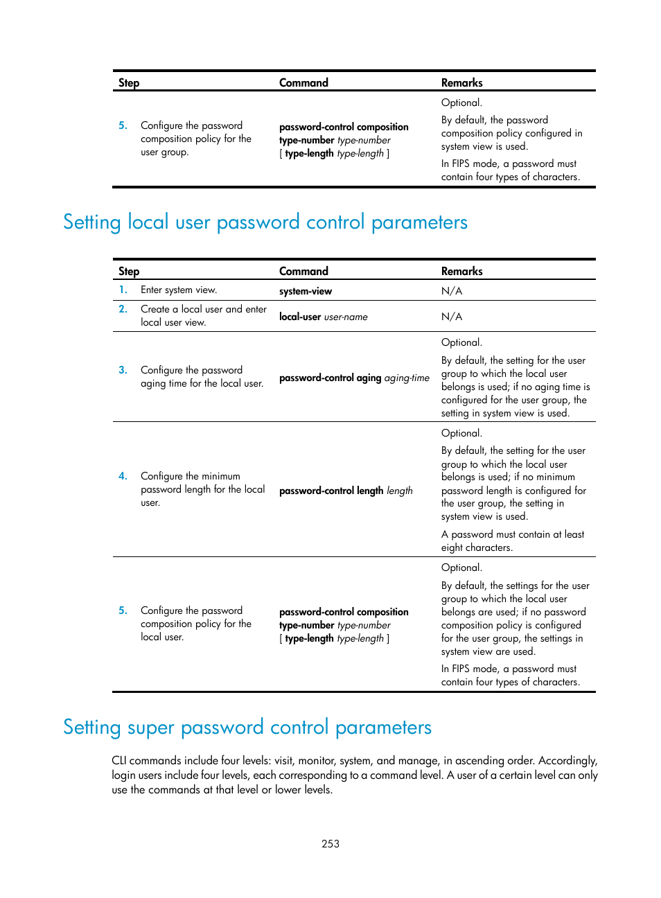 Setting local user password control parameters, Setting super password control parameters | H3C Technologies H3C SecPath F1000-E User Manual | Page 263 / 273