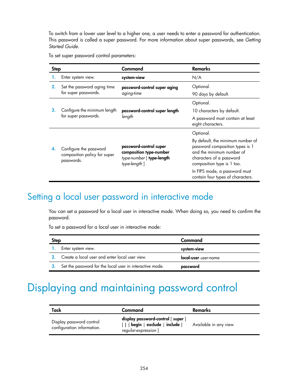 Setting a local user password in interactive mode, Displaying and maintaining password control | H3C Technologies H3C SecPath F1000-E User Manual | Page 264 / 273