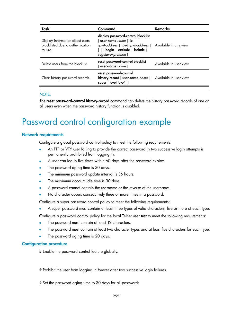 Password control configuration example, Network requirements, Configuration procedure | H3C Technologies H3C SecPath F1000-E User Manual | Page 265 / 273