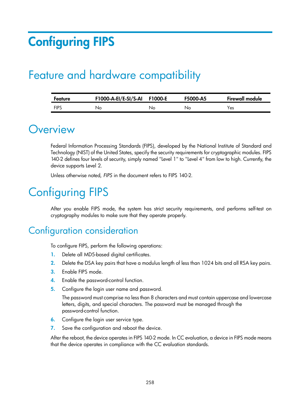 Configuring fips, Feature and hardware compatibility, Overview | Configuration consideration | H3C Technologies H3C SecPath F1000-E User Manual | Page 268 / 273