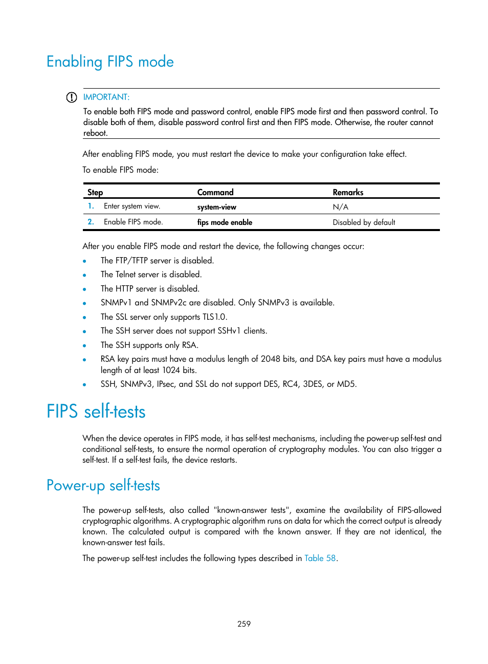 Enabling fips mode, Fips self-tests, Power-up self-tests | H3C Technologies H3C SecPath F1000-E User Manual | Page 269 / 273