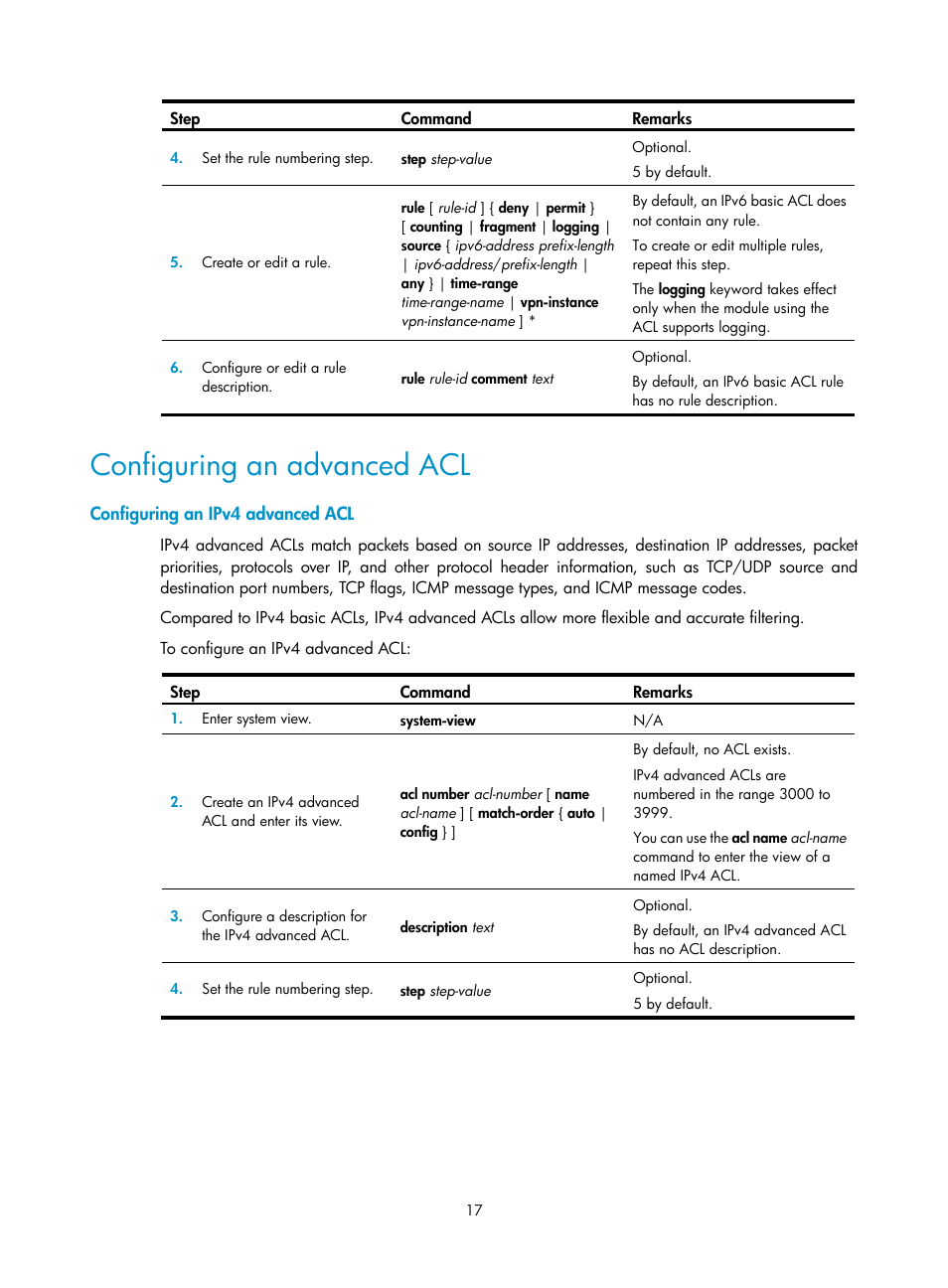 Configuring an advanced acl, Configuring an ipv4 advanced acl | H3C Technologies H3C SecPath F1000-E User Manual | Page 27 / 273