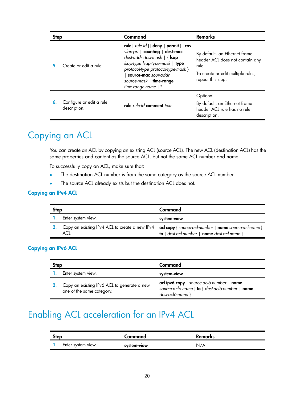 Copying an acl, Copying an ipv4 acl, Copying an ipv6 acl | Enabling acl acceleration for an ipv4 acl | H3C Technologies H3C SecPath F1000-E User Manual | Page 30 / 273