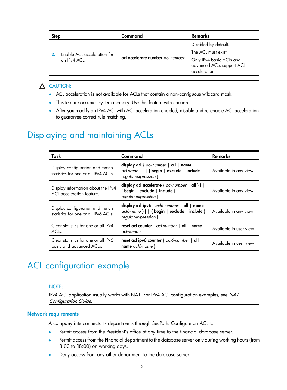 Displaying and maintaining acls, Acl configuration example, Network requirements | H3C Technologies H3C SecPath F1000-E User Manual | Page 31 / 273