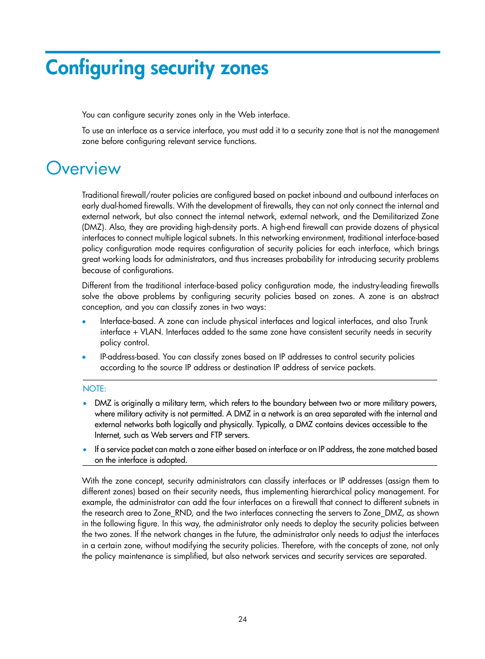 Configuring security zones, Overview | H3C Technologies H3C SecPath F1000-E User Manual | Page 34 / 273