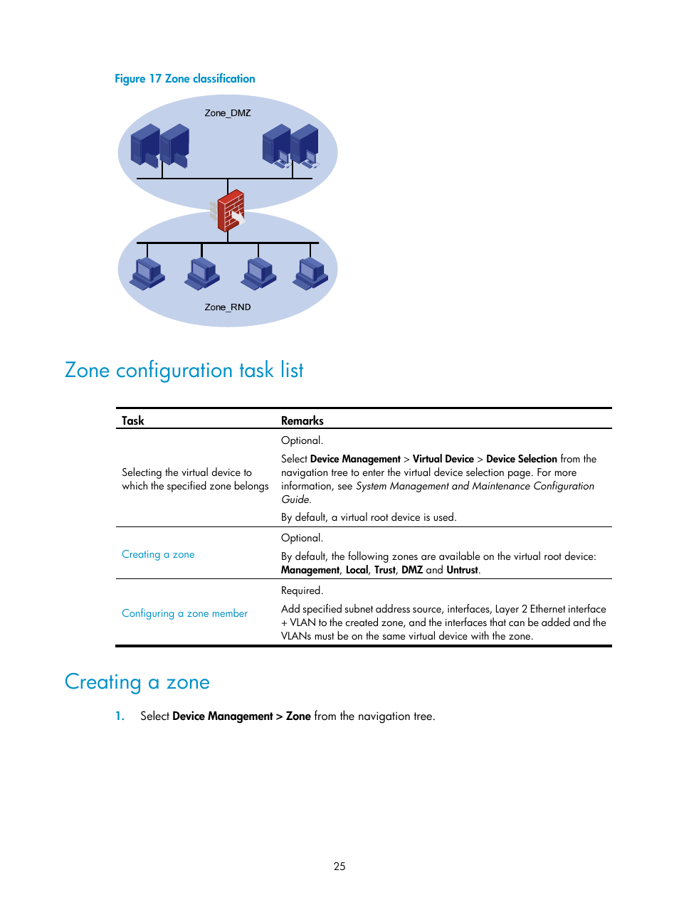 Zone configuration task list, Creating a zone | H3C Technologies H3C SecPath F1000-E User Manual | Page 35 / 273
