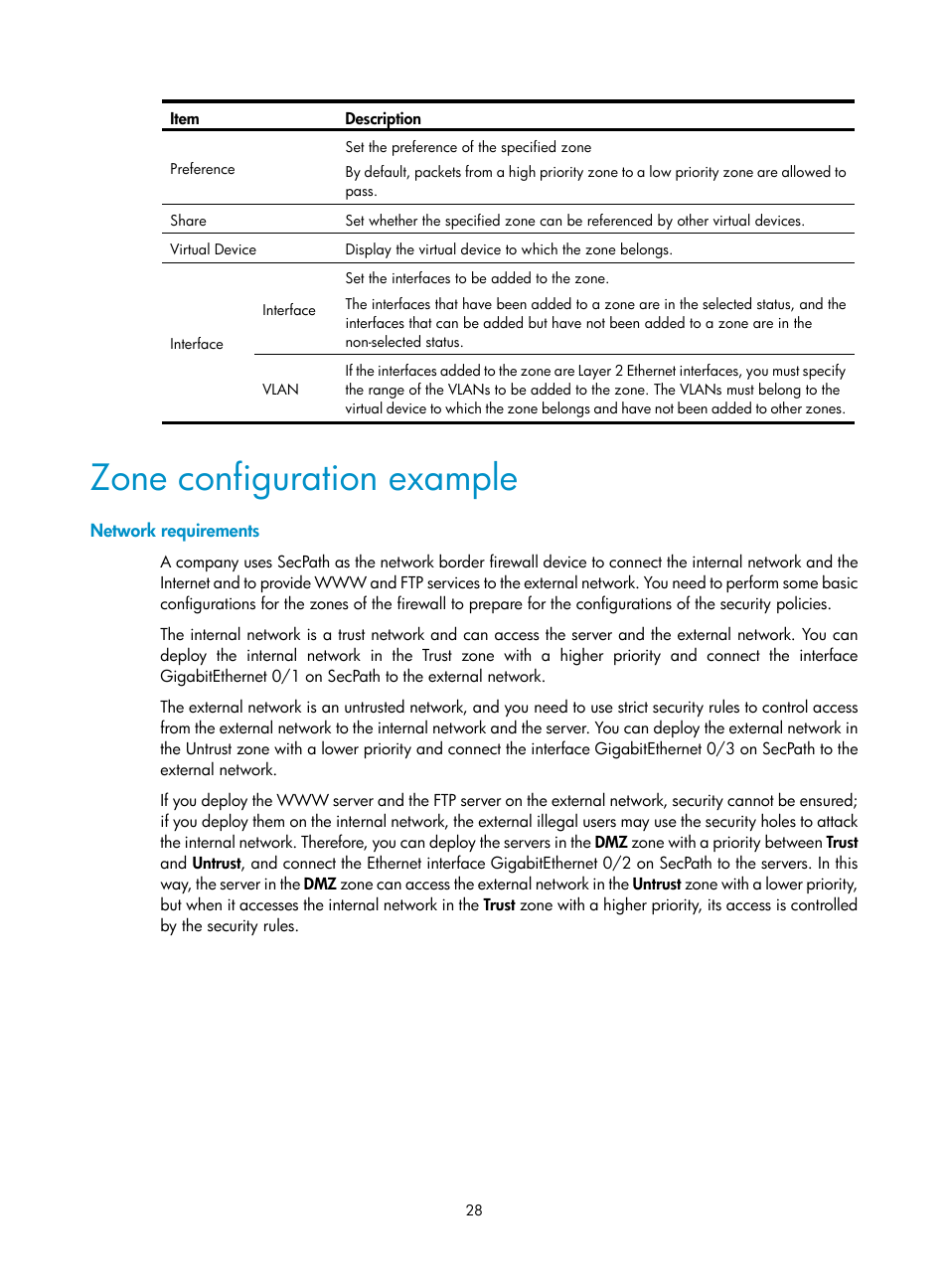 Zone configuration example, Network requirements | H3C Technologies H3C SecPath F1000-E User Manual | Page 38 / 273