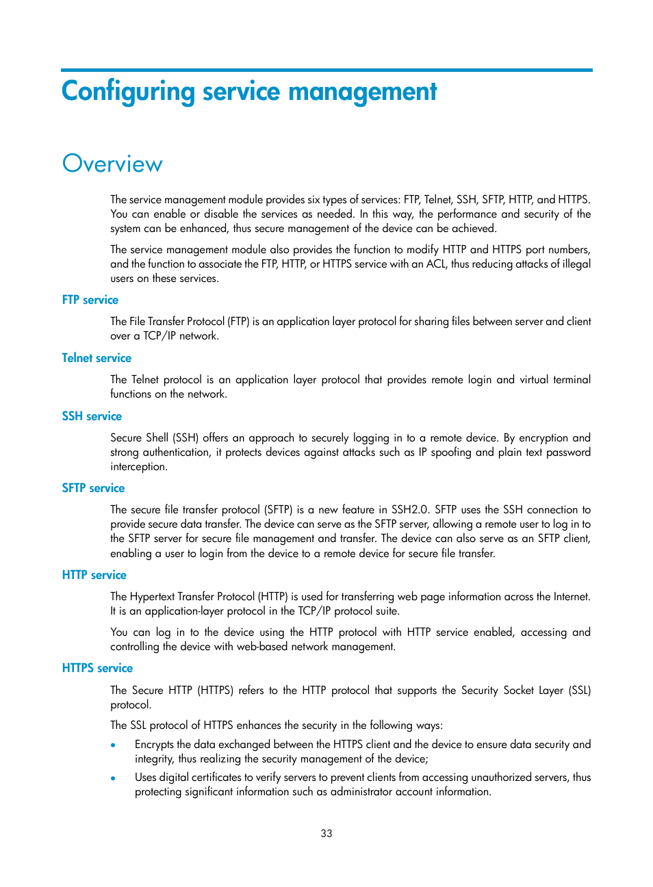 Configuring service management, Overview, Ftp service | Telnet service, Ssh service, Sftp service, Http service, Https service | H3C Technologies H3C SecPath F1000-E User Manual | Page 43 / 273