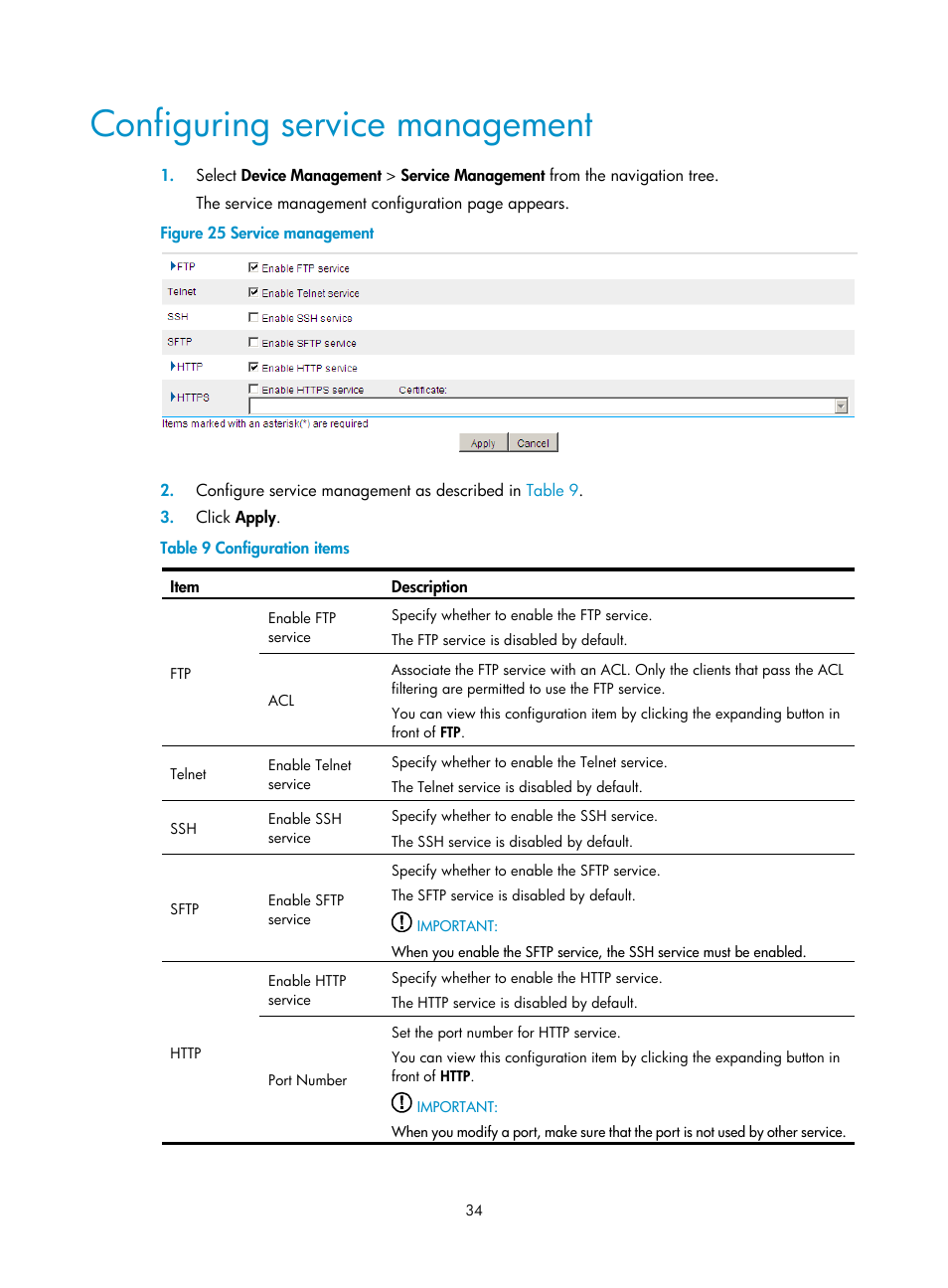 Configuring service management | H3C Technologies H3C SecPath F1000-E User Manual | Page 44 / 273