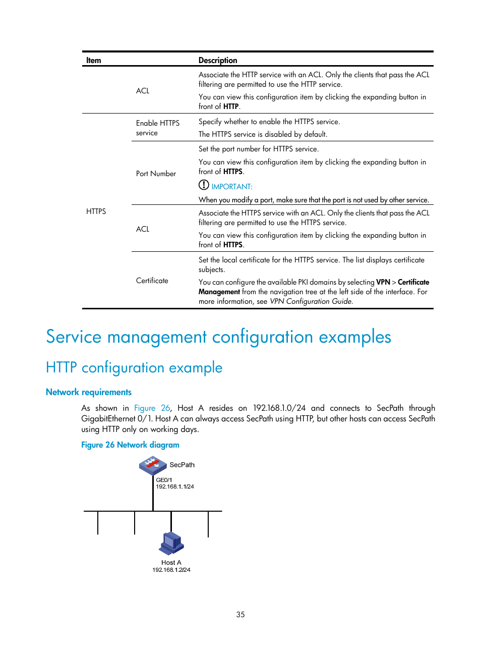 Service management configuration examples, Http configuration example, Network requirements | H3C Technologies H3C SecPath F1000-E User Manual | Page 45 / 273