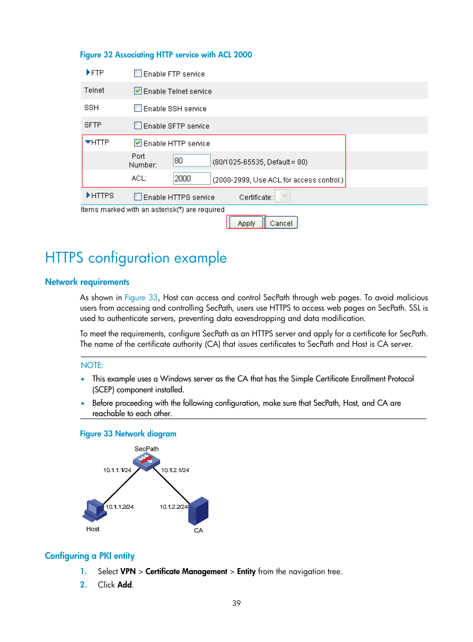 Https configuration example, Network requirements, Configuring a pki entity | H3C Technologies H3C SecPath F1000-E User Manual | Page 49 / 273