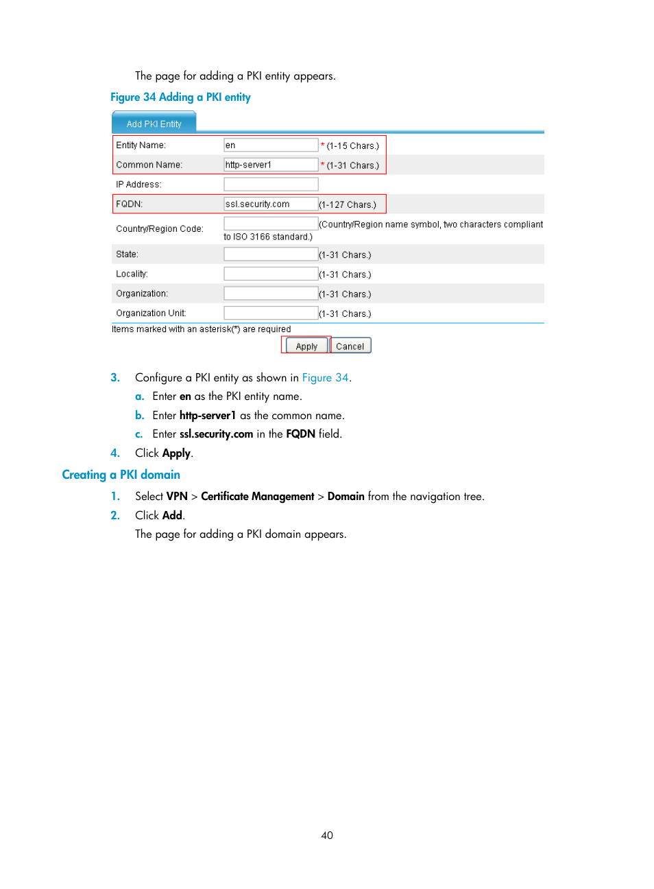 Creating a pki domain | H3C Technologies H3C SecPath F1000-E User Manual | Page 50 / 273