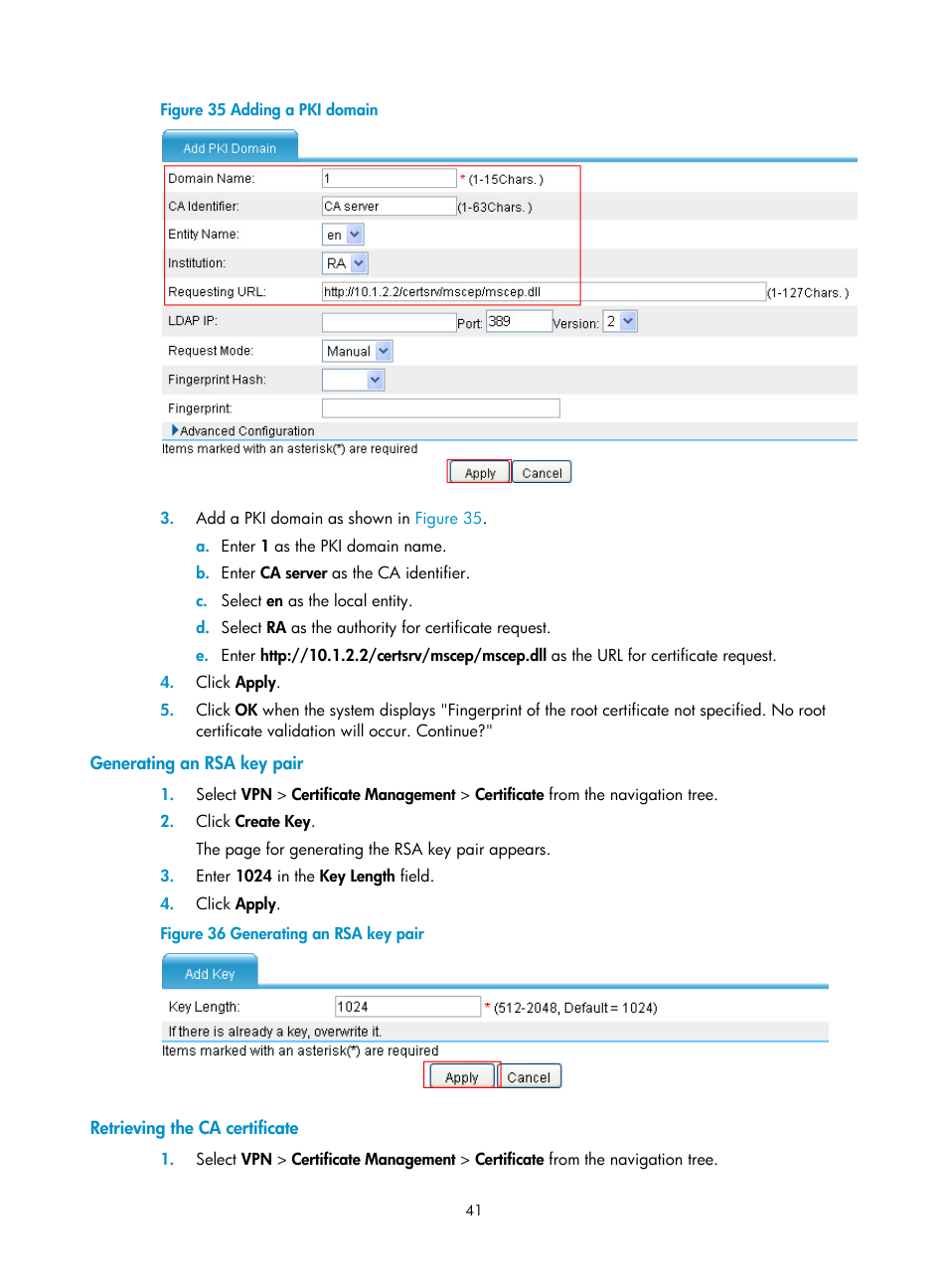 Generating an rsa key pair, Retrieving the ca certificate | H3C Technologies H3C SecPath F1000-E User Manual | Page 51 / 273