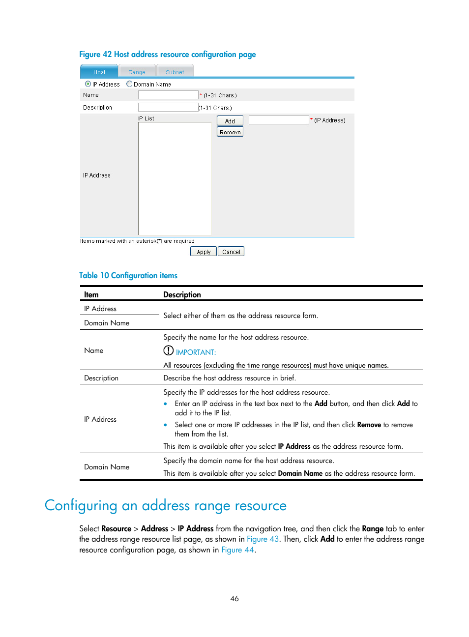 Configuring an address range resource | H3C Technologies H3C SecPath F1000-E User Manual | Page 56 / 273