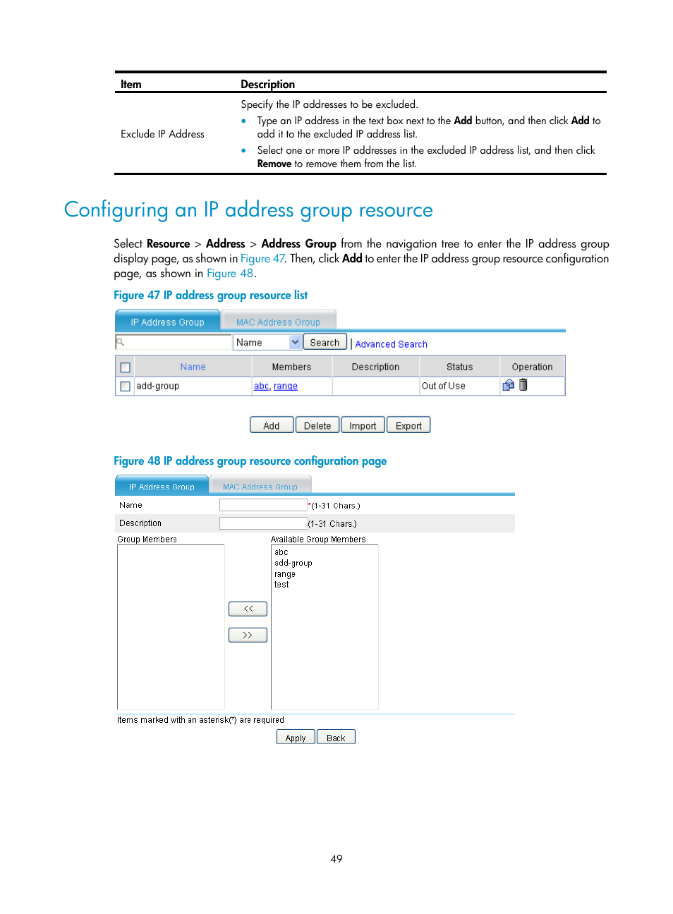 Configuring an ip address group resource | H3C Technologies H3C SecPath F1000-E User Manual | Page 59 / 273