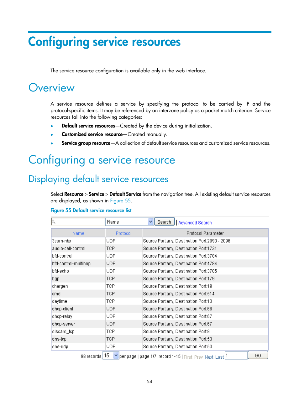 Configuring service resources, Overview, Configuring a service resource | Displaying default service resources | H3C Technologies H3C SecPath F1000-E User Manual | Page 64 / 273