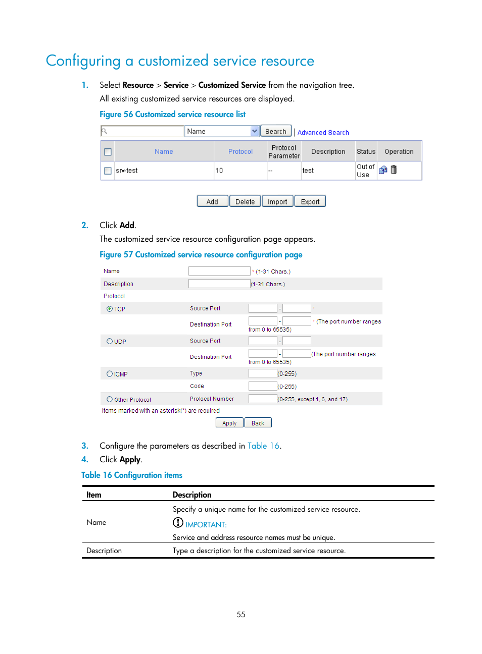 Configuring a customized service resource | H3C Technologies H3C SecPath F1000-E User Manual | Page 65 / 273