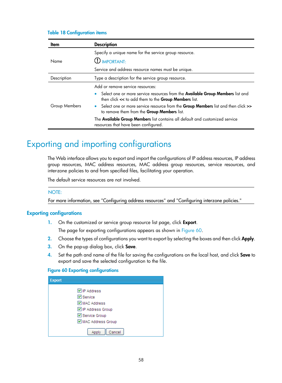 Exporting and importing configurations, Exporting configurations | H3C Technologies H3C SecPath F1000-E User Manual | Page 68 / 273
