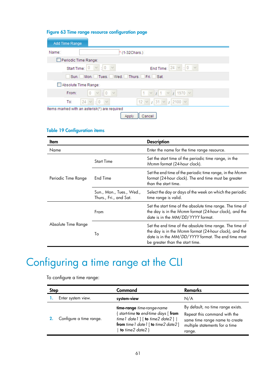 Configuring a time range at the cli | H3C Technologies H3C SecPath F1000-E User Manual | Page 71 / 273