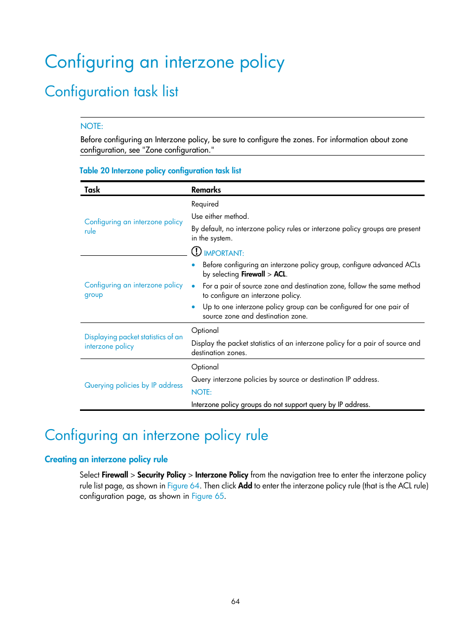 Configuring an interzone policy, Configuration task list, Configuring an interzone policy rule | Creating an interzone policy rule | H3C Technologies H3C SecPath F1000-E User Manual | Page 74 / 273