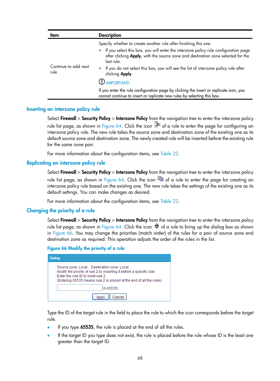 Inserting an interzone policy rule, Replicating an interzone policy rule, Changing the priority of a rule | H3C Technologies H3C SecPath F1000-E User Manual | Page 78 / 273