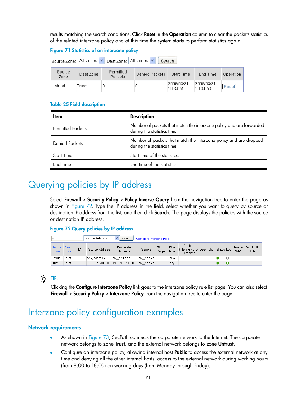 Querying policies by ip address, Interzone policy configuration examples, Network requirements | H3C Technologies H3C SecPath F1000-E User Manual | Page 81 / 273