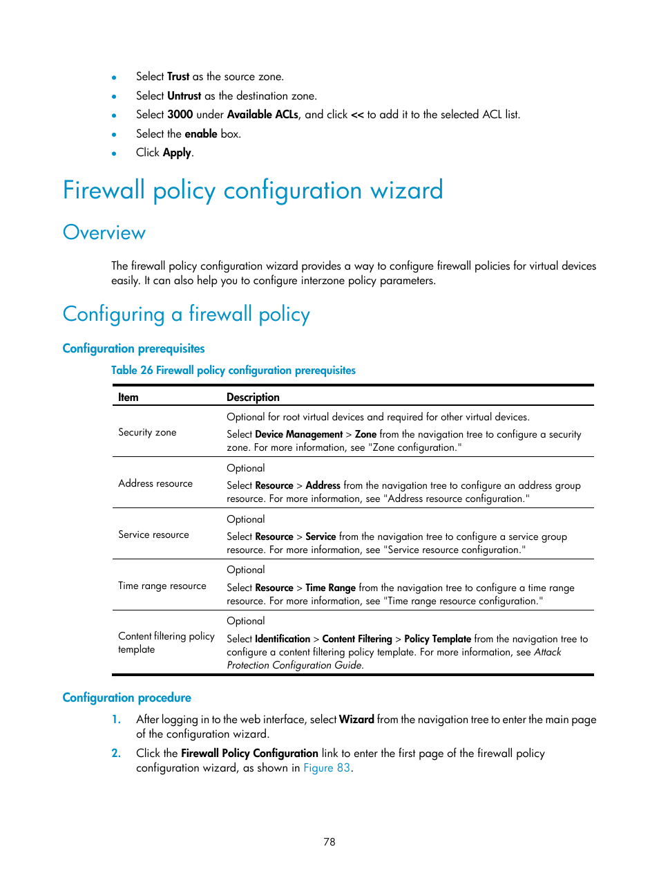 Firewall policy configuration wizard, Overview, Configuring a firewall policy | Configuration prerequisites, Configuration procedure | H3C Technologies H3C SecPath F1000-E User Manual | Page 88 / 273