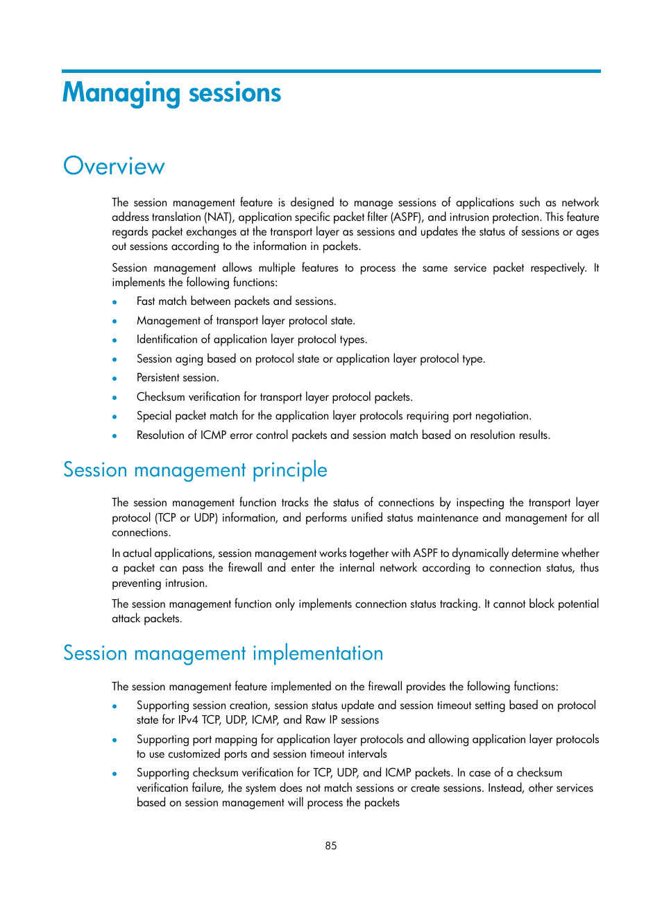 Managing sessions, Overview, Session management principle | Session management implementation | H3C Technologies H3C SecPath F1000-E User Manual | Page 95 / 273