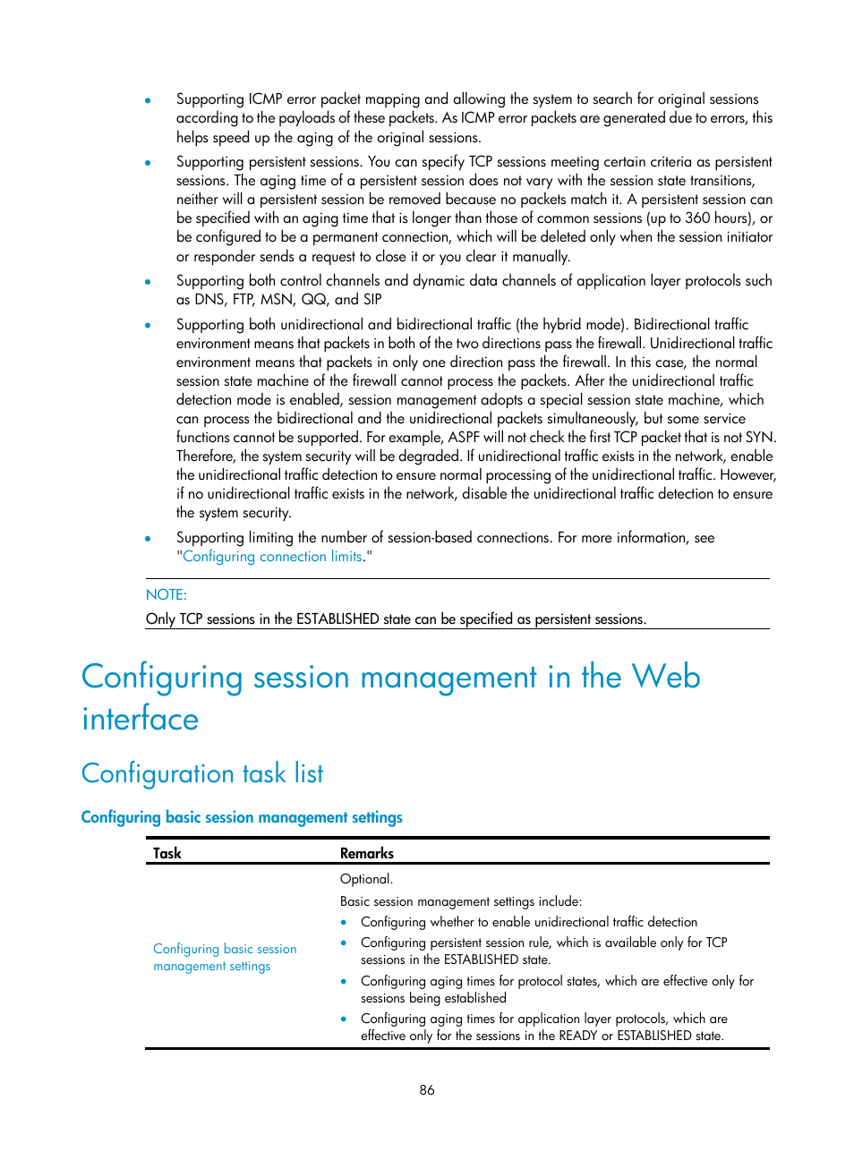 Configuration task list, Configuring basic session management settings | H3C Technologies H3C SecPath F1000-E User Manual | Page 96 / 273