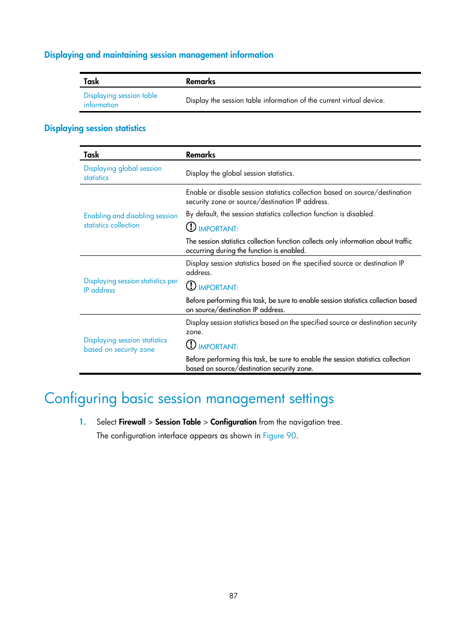 Displaying session statistics, Configuring basic session management settings | H3C Technologies H3C SecPath F1000-E User Manual | Page 97 / 273