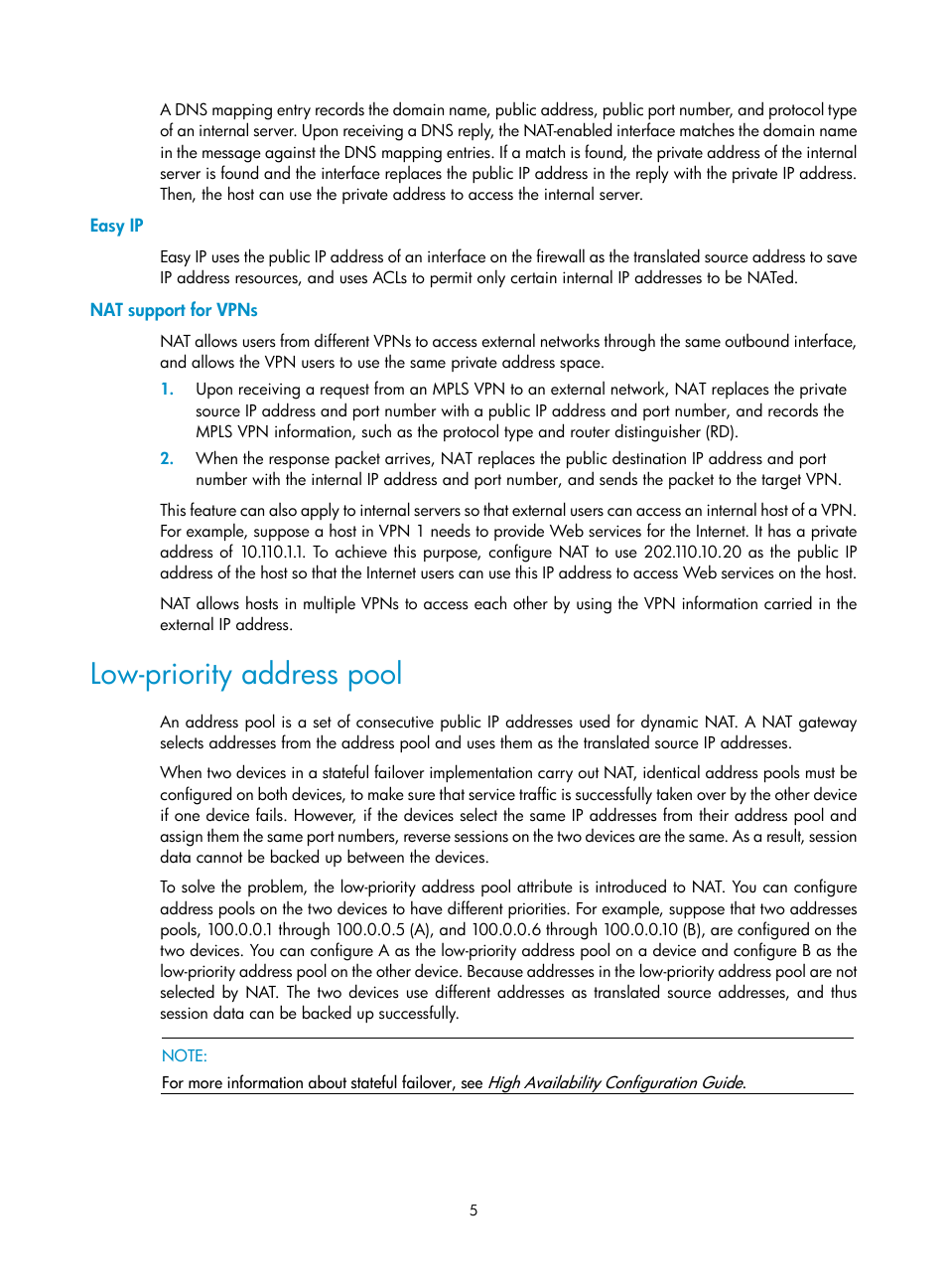 Easy ip, Nat support for vpns, Low-priority address pool | H3C Technologies H3C SecPath F1000-E User Manual | Page 12 / 68