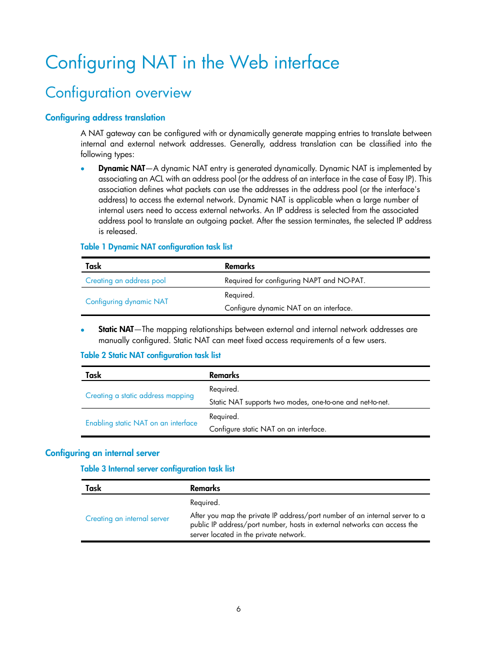 Configuring nat in the web interface, Configuration overview, Configuring address translation | Configuring an internal server | H3C Technologies H3C SecPath F1000-E User Manual | Page 13 / 68