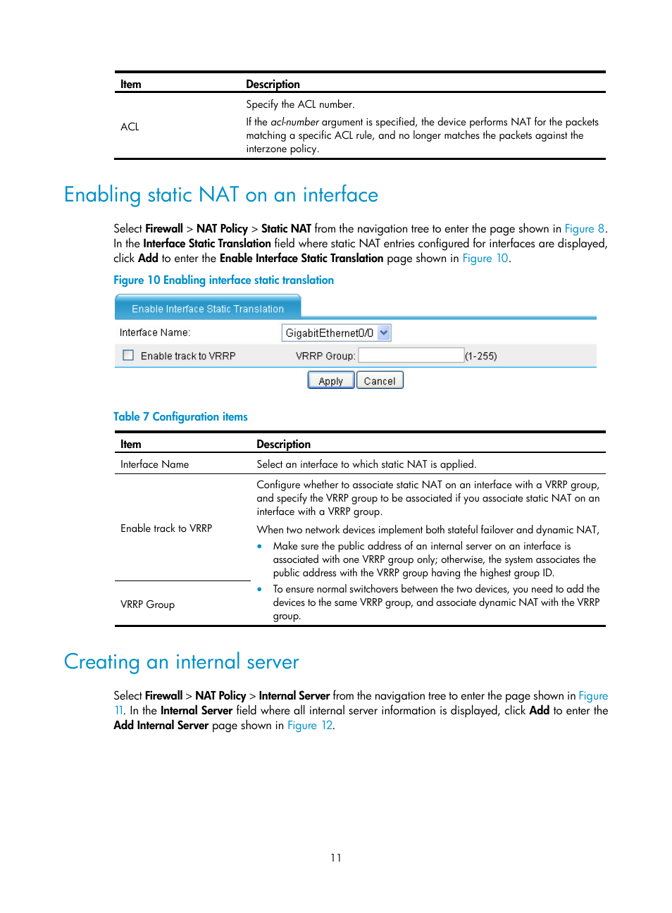 Enabling static nat on an interface, Creating an internal server | H3C Technologies H3C SecPath F1000-E User Manual | Page 18 / 68