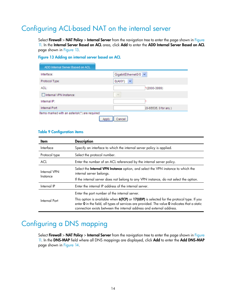 Configuring acl-based nat on the internal server, Configuring a dns mapping | H3C Technologies H3C SecPath F1000-E User Manual | Page 21 / 68