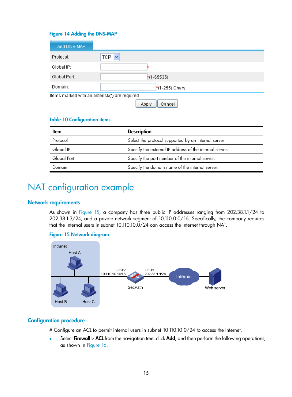 Nat configuration example, Network requirements, Configuration procedure | Figure 14 | H3C Technologies H3C SecPath F1000-E User Manual | Page 22 / 68