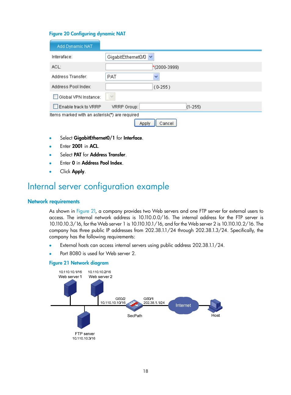 Internal server configuration example, Network requirements, Figure 20 | H3C Technologies H3C SecPath F1000-E User Manual | Page 25 / 68