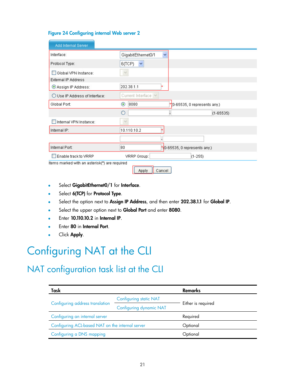 Configuring nat at the cli, Nat configuration task list at the cli | H3C Technologies H3C SecPath F1000-E User Manual | Page 28 / 68