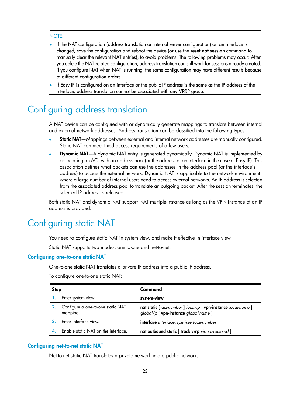 Configuring address translation, Configuring static nat, Configuring one-to-one static nat | Configuring net-to-net static nat | H3C Technologies H3C SecPath F1000-E User Manual | Page 29 / 68