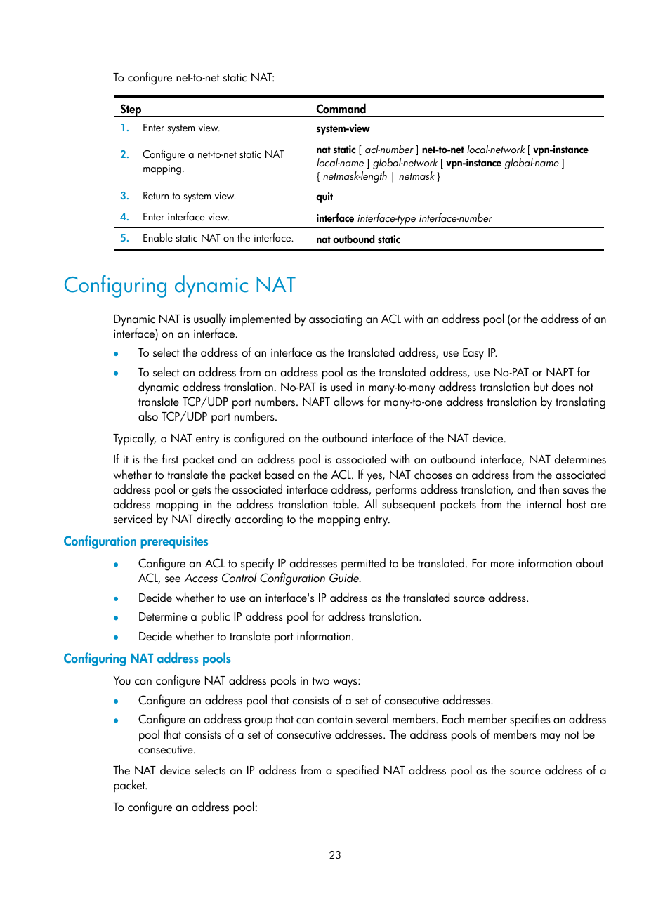 Configuring dynamic nat, Configuration prerequisites, Configuring nat address pools | H3C Technologies H3C SecPath F1000-E User Manual | Page 30 / 68