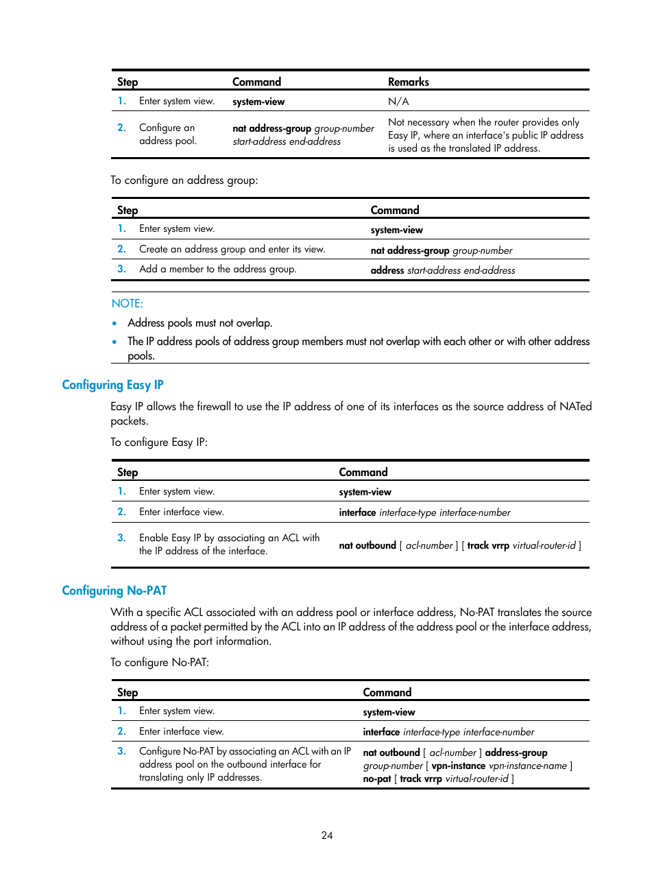 Configuring easy ip, Configuring no-pat | H3C Technologies H3C SecPath F1000-E User Manual | Page 31 / 68