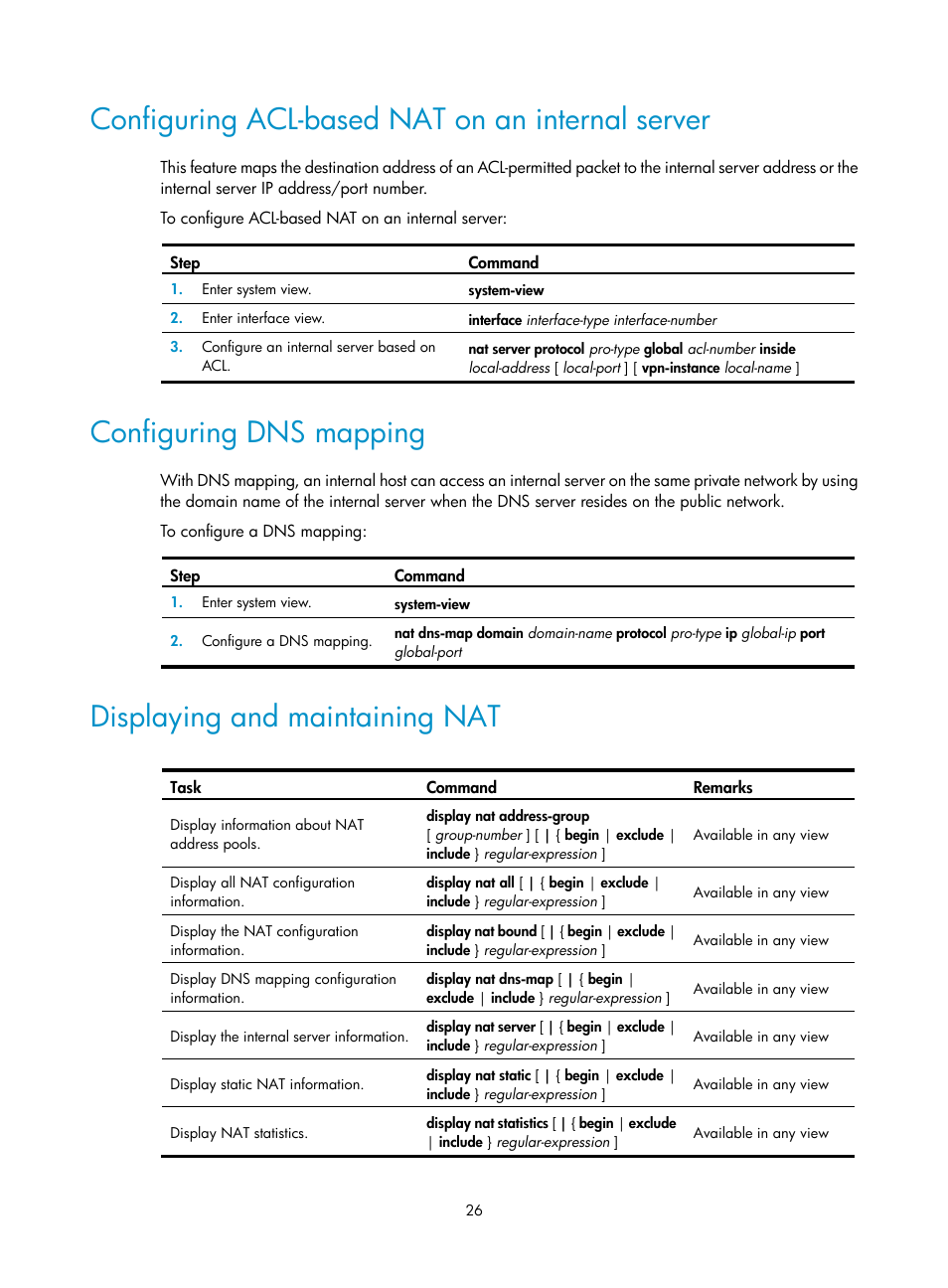 Configuring acl-based nat on an internal server, Configuring dns mapping, Displaying and maintaining nat | H3C Technologies H3C SecPath F1000-E User Manual | Page 33 / 68