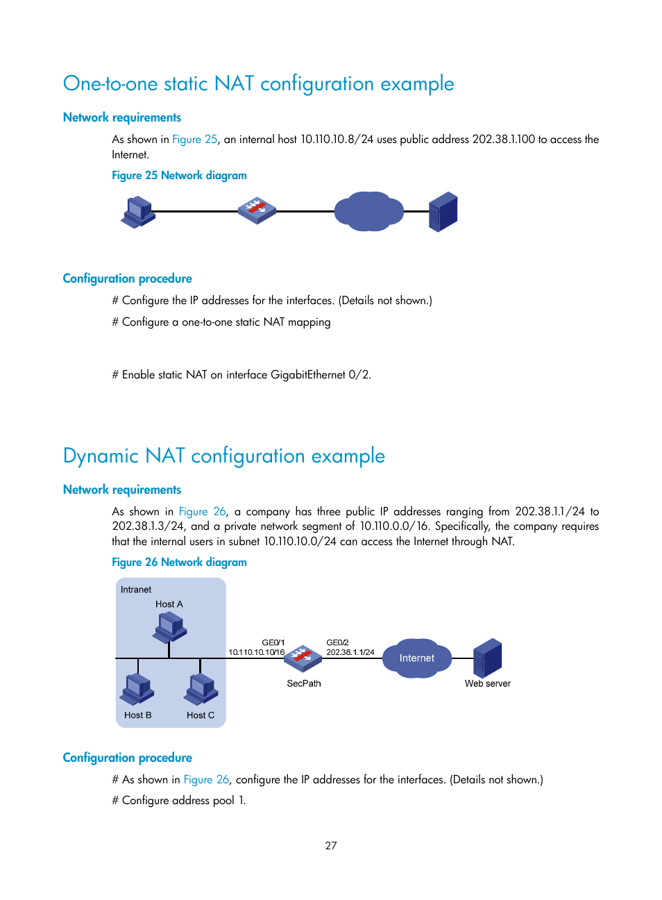 One-to-one static nat configuration example, Network requirements, Configuration procedure | Dynamic nat configuration example | H3C Technologies H3C SecPath F1000-E User Manual | Page 34 / 68