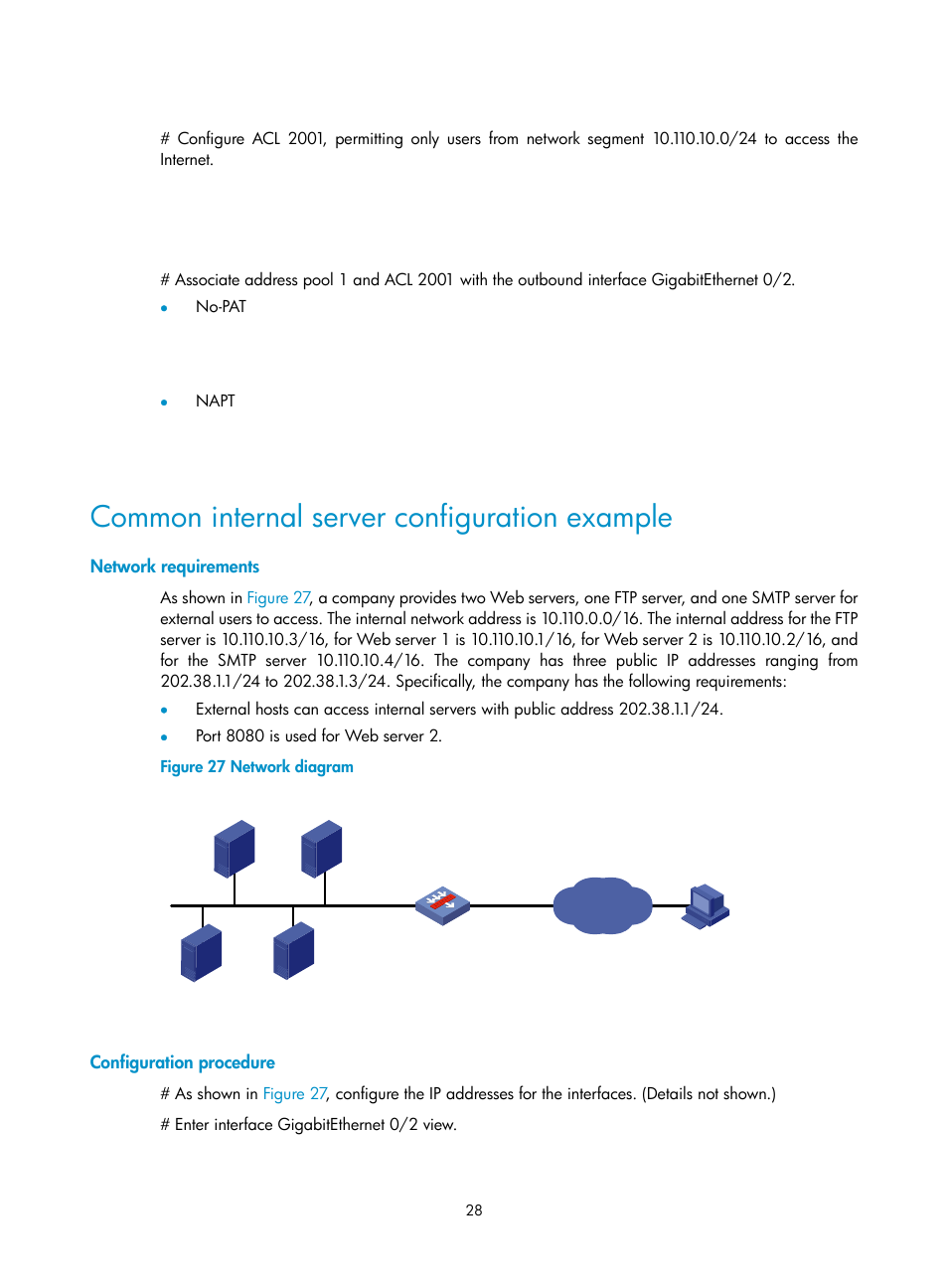 Common internal server configuration example, Network requirements, Configuration procedure | H3C Technologies H3C SecPath F1000-E User Manual | Page 35 / 68