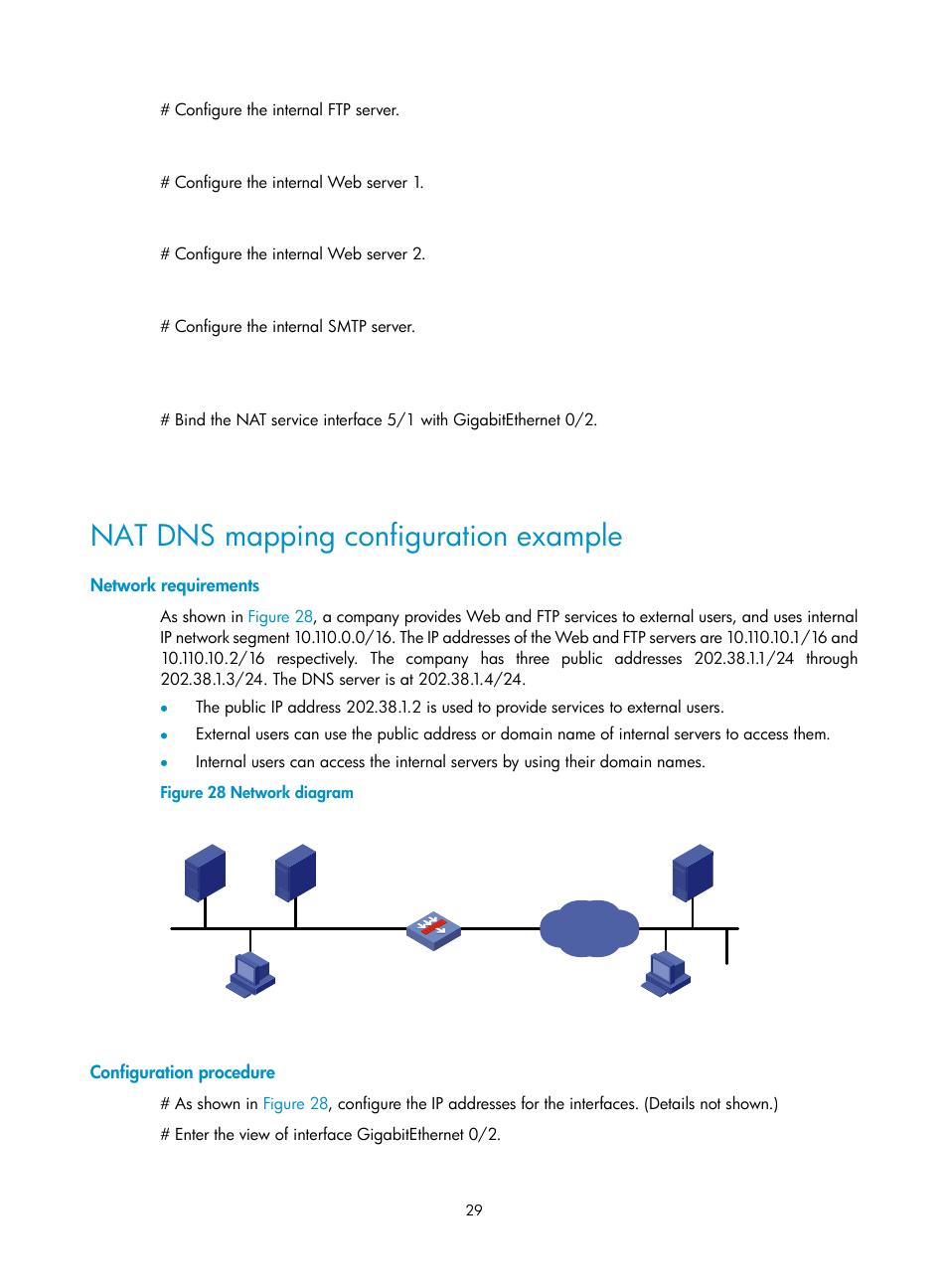 Nat dns mapping configuration example, Network requirements, Configuration procedure | H3C Technologies H3C SecPath F1000-E User Manual | Page 36 / 68