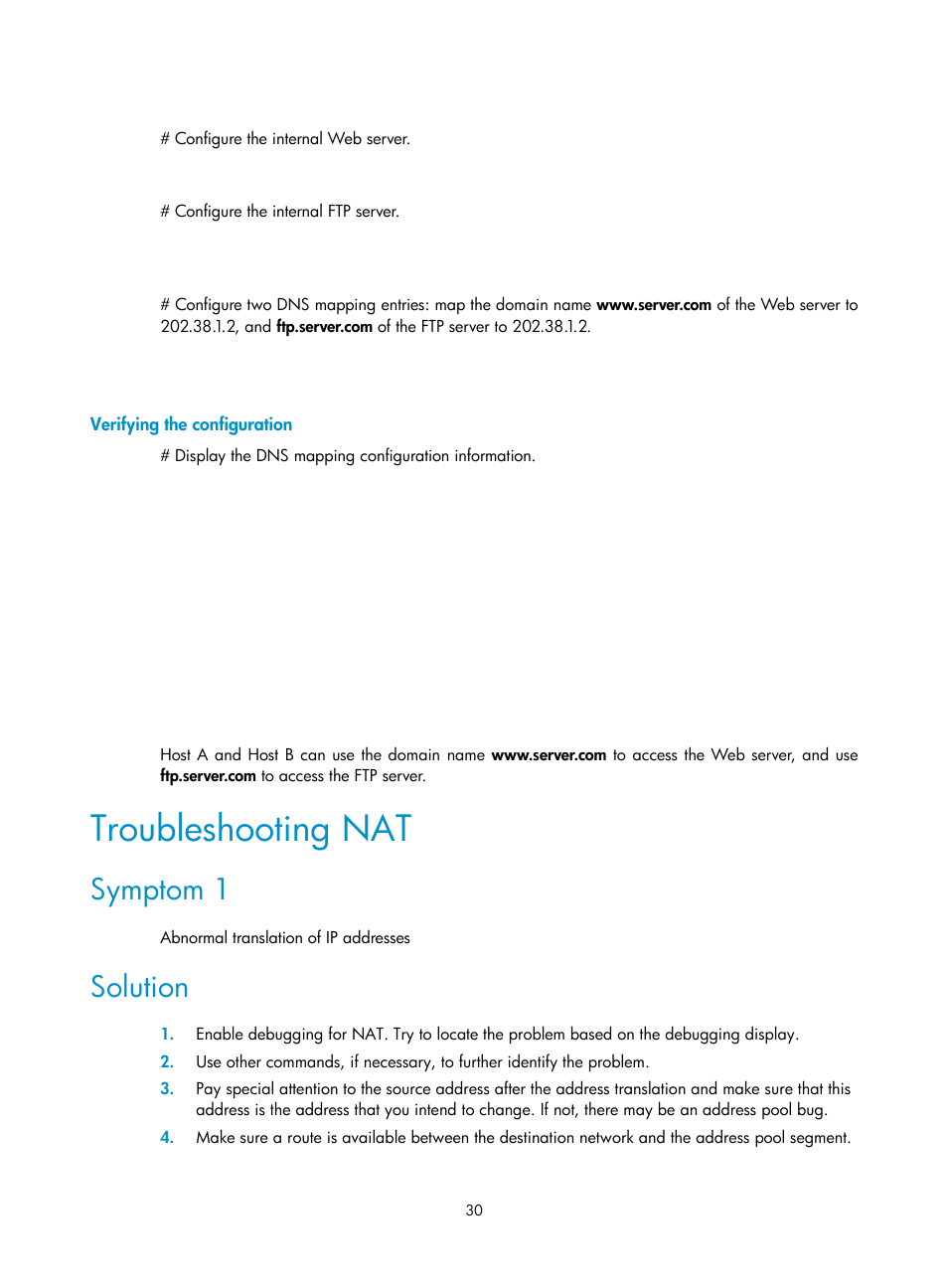 Verifying the configuration, Troubleshooting nat, Symptom 1 | Solution | H3C Technologies H3C SecPath F1000-E User Manual | Page 37 / 68