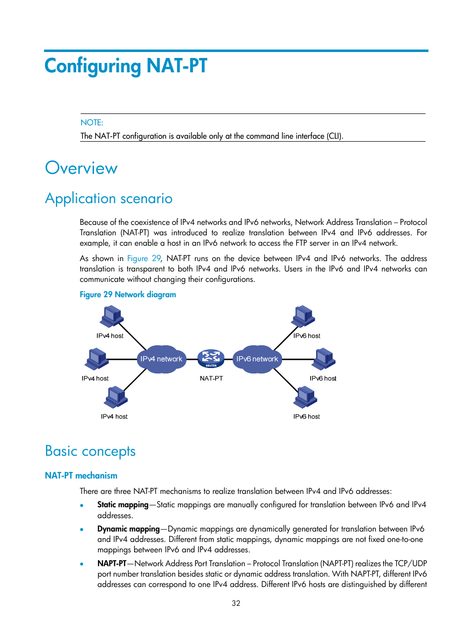 Configuring nat-pt, Overview, Application scenario | Basic concepts, Nat-pt mechanism | H3C Technologies H3C SecPath F1000-E User Manual | Page 39 / 68