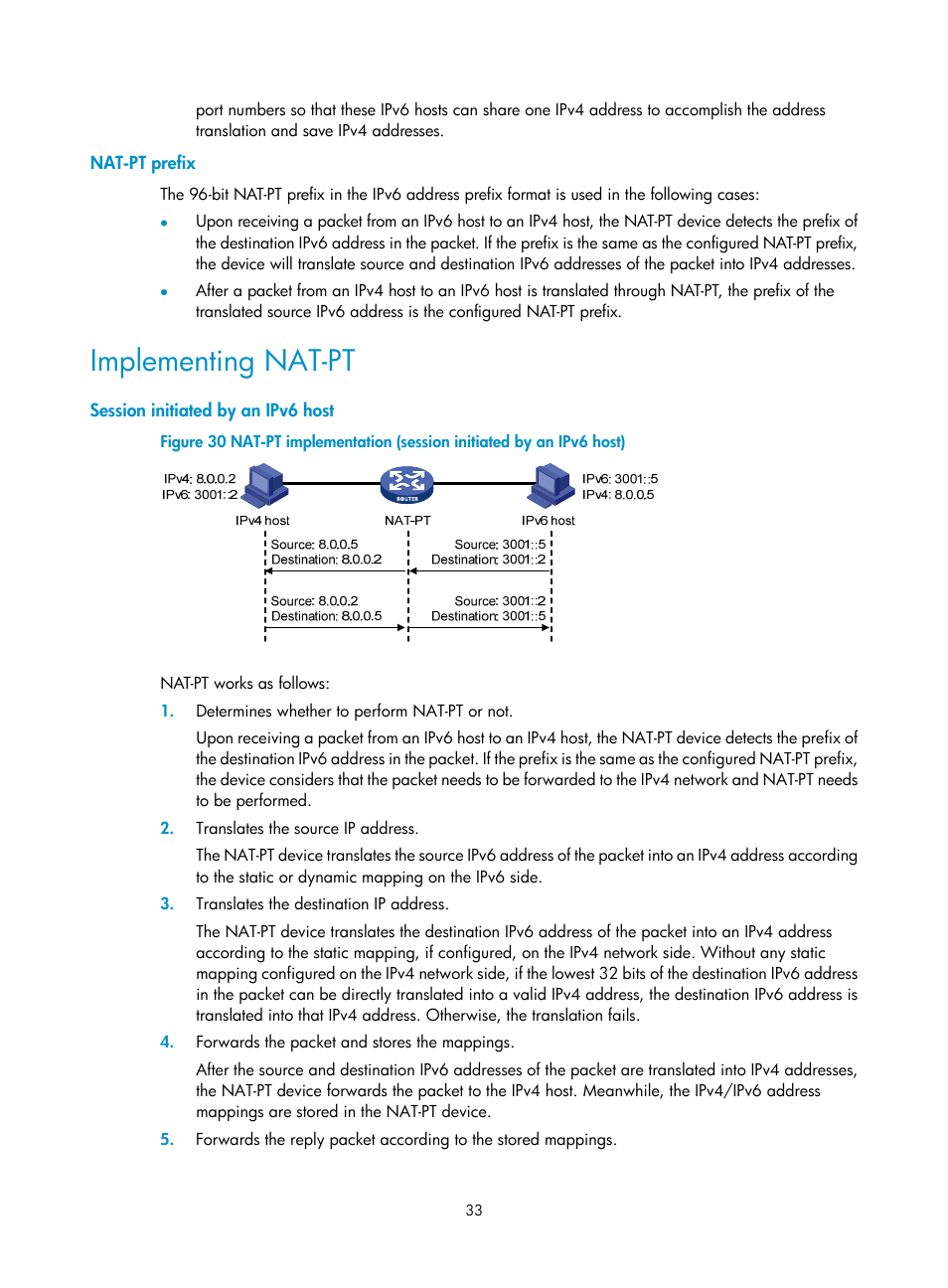 Nat-pt prefix, Implementing nat-pt, Session initiated by an ipv6 host | H3C Technologies H3C SecPath F1000-E User Manual | Page 40 / 68