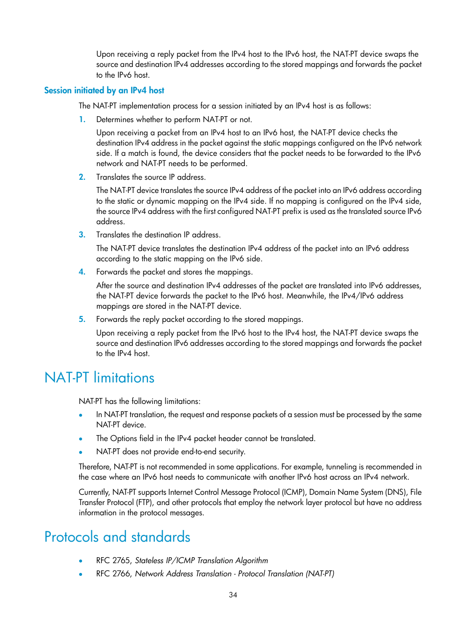 Session initiated by an ipv4 host, Nat-pt limitations, Protocols and standards | H3C Technologies H3C SecPath F1000-E User Manual | Page 41 / 68